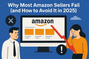 Infographic showing Amazon seller failure in 2025 with downward red arrow, stressed characters, and product listing decline.