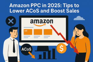 Infographic showing Amazon PPC strategies for 2025 with ACoS reduction, rising sales bars, and ad-focused product listings.